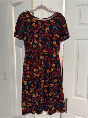 LuLaRoe Black Floral Fit & Flare Dress with Yellow and Teal Accents